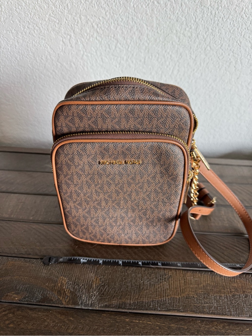 Michael Kors Brown Signature Monogram Messenger Bag with Gold Hardware